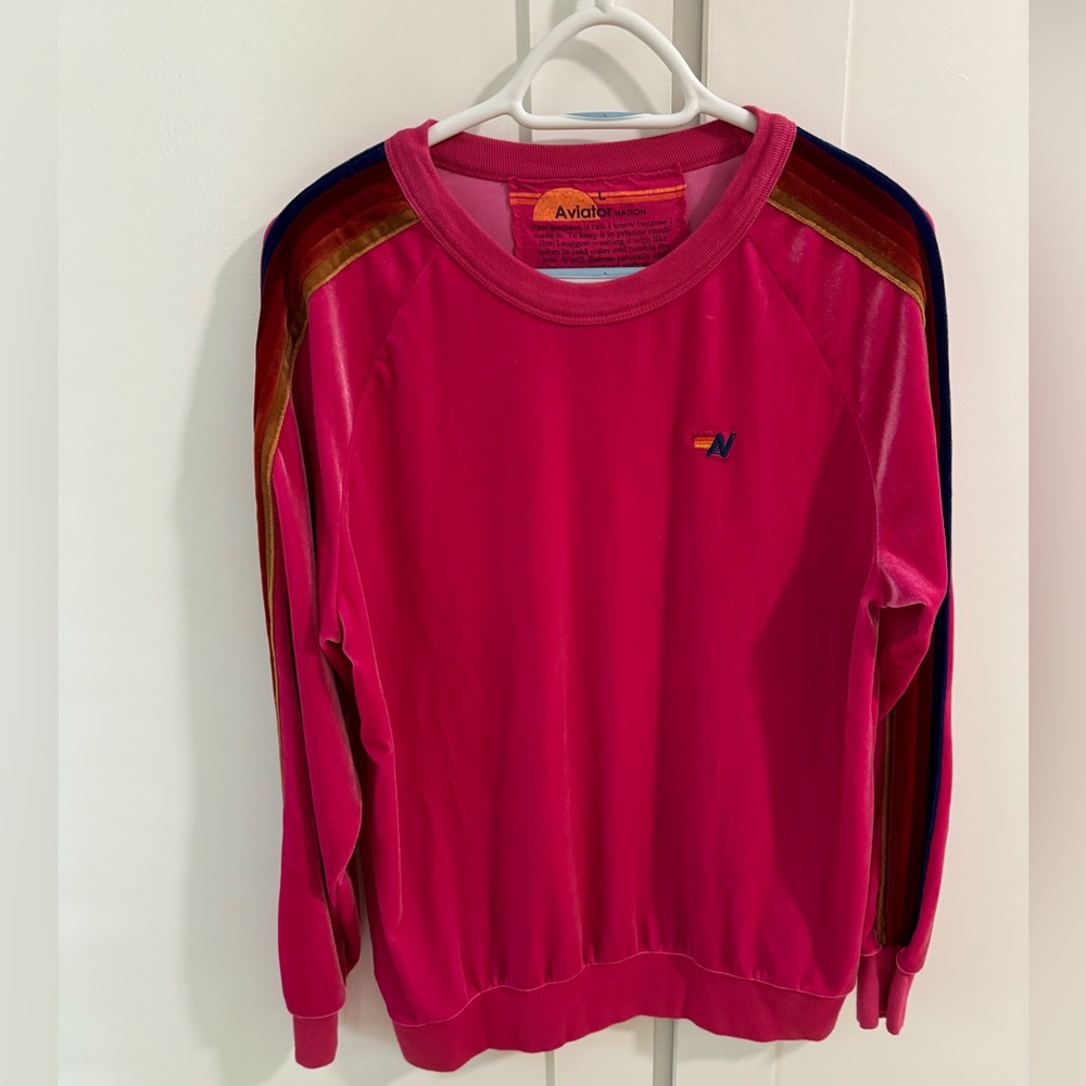 Aviator Nation 5 Stripe Pink Velour Velvet Pullover Crewneck Size Large